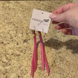 NWT EMERGE by Jen Pink and Gold Long Dangling Leather Earrings